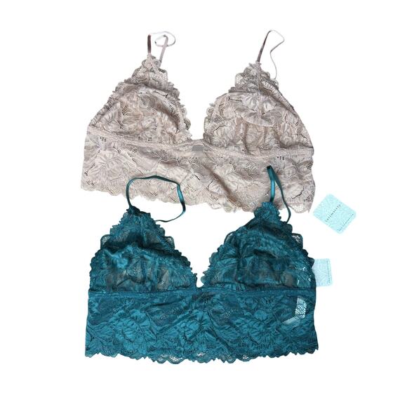 Free People Intimately Lace Bralette Set L Nude & Evergreen Floral Sheer Boho - Picture 1 of 4